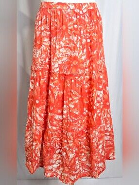 ​Macy's Great Northwest Indigo Boho Tiered Maxi Skirt Orange Batik Cotton L NWOT